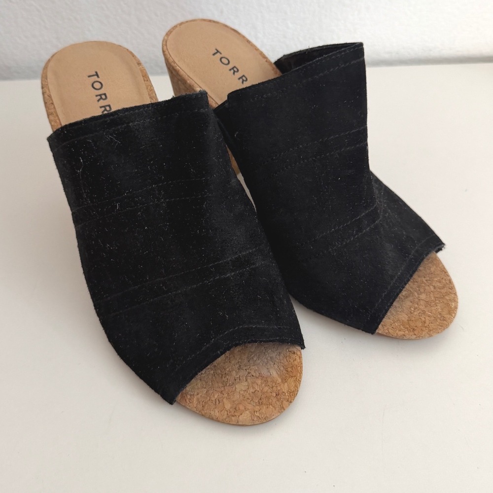 Torrid Black Genuine Suede Cork Block Heel Peep Toe‎ Mule Sandals 8W 4556-Q8L
